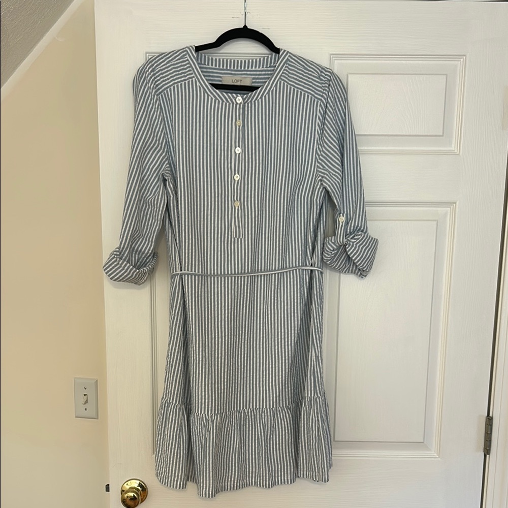 LOFT Blue and White Striped Long Sleeve Dress